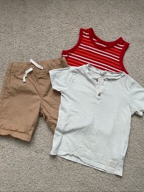 Kids Neutral Henley Tee + Tan Shorts + Red Striped Tank Set